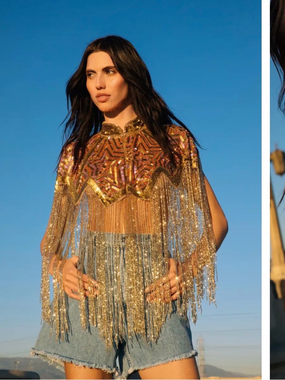 Nasty Gal Gold and Pink Beaded Sequin Fringe cape
